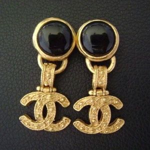 chanel Black Stone Dangle Clips W/ cc Logo Earring
